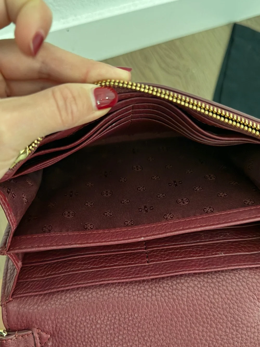 Tory Burch Burgundy Pebbled Leather Crossbody with Gold Logo Chain